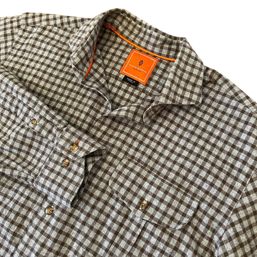 Martin Dingman Flannel Button Up Shirt Men L Italy Plaid Check Cotton Gray Brown